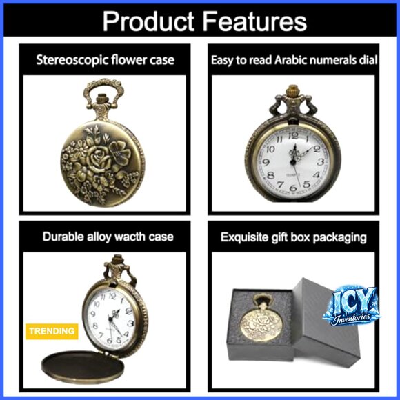 Vintage Quartz Pocket Watch with Flower Pattern Cover and Chain main image 4
